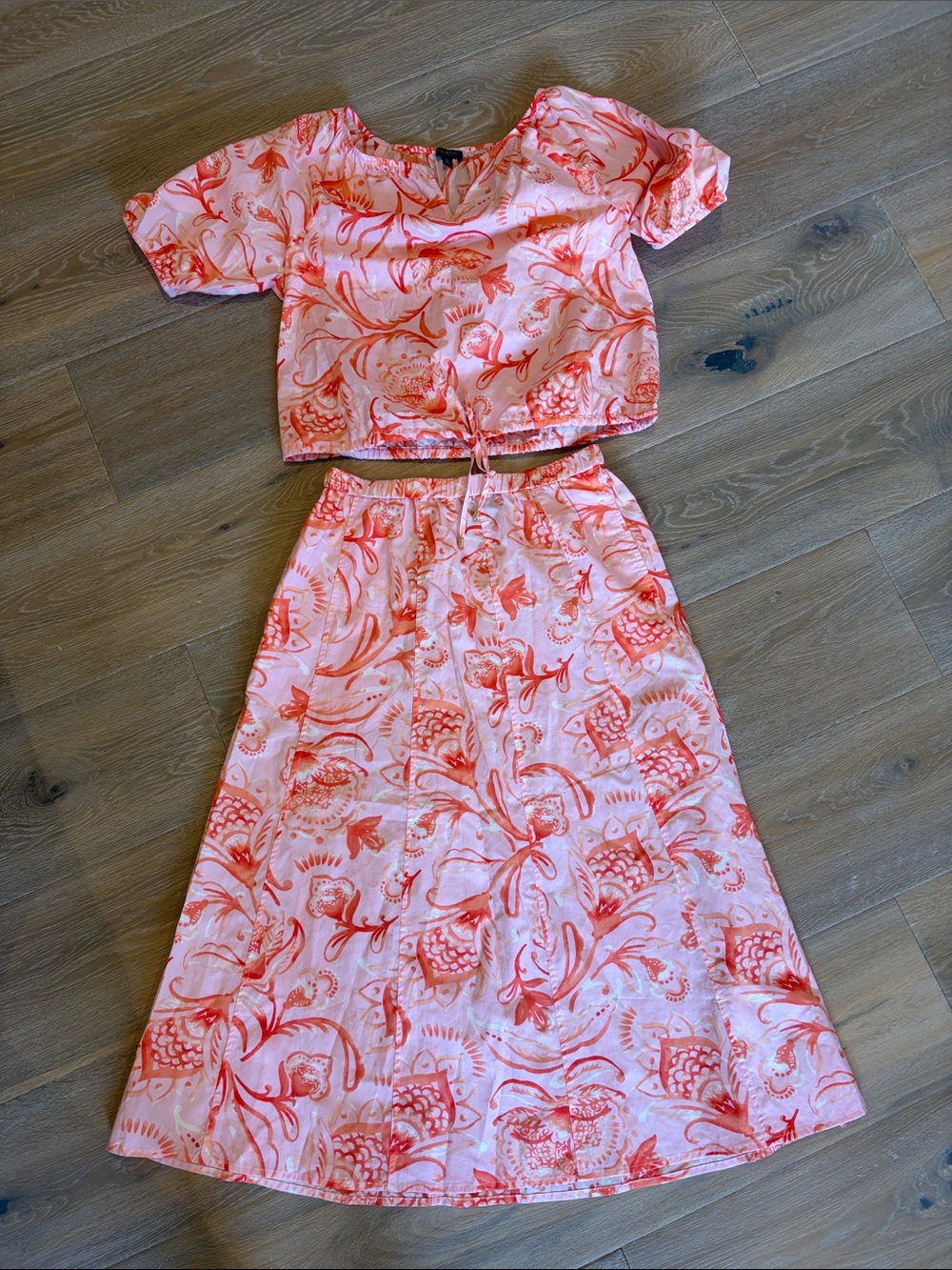 Talbots Pink & Coral Floral Peasant Blouse with matching skirt